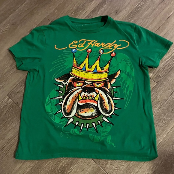 Ed Hardy "Bulldog Logo" Men's T-Shirt. Green. Size Large - Picture 1 of 5
